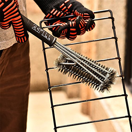 TOPQSC 3 Edelstahl Bürsten in 1 Reiniger Werkzeug/Grillhandschuhe  – Premium BBQ Zubehör-17,5 inch 3-Sided Lange mit Aufhängeöse- perfekt für Holzkohle, Charbroil, Gas, elektrischer Handgriff, Porzellan, Infrarot-Grills (Bürste) - 2