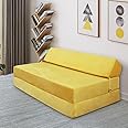Panana Lightweight and Comfy Lazy Z Bed Deluxe Futon Fold Out Sofa For Adults Kids Children Double Folding Mattress Sleepover Chair Living Room Bedroom Toddler Furniture (Yellow)