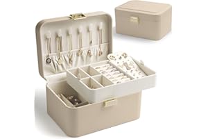 KAMIER Jewelry Organizer Box – 2 Layers with Removable Dividers, Luxury PU Leather & Soft Velvet Lining, Large Capacity for Earrings, Bracelets, Rings & Necklaces, Elegant Gift Box Packaging, Beige