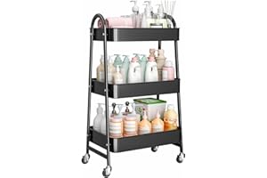 StowBin Carrito de Almacenamiento de Metal, Carro de Cocina Metalico con Ruedas, Carrito Auxiliar Multiuso 3 Niveles, Ideal para Frutas, Verduras, Cocina, Salón, Negro