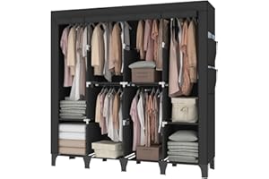 OPPAIYA Canvas Wardrobe, 175 * 45 * 170cm, Fabric wardrobe With 6 Hanging Rails, 8 Shelves and 8 Side Bags, Cheap Temporary wardrobe, Large Portable wardrobes for bedroom、Living Room - Black