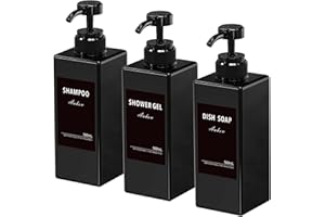 Anhow 3 szt Dozownik do Mydła, Dozownik Szamponu żel pod Prysznic Dozowników Mydła 500ml Dozownik Mydła do rąk i 12 Sztuk Wodoszczelnych Etykiet na Butelki - Czarny
