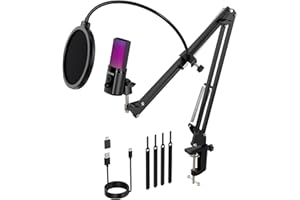 FDUCE Kit de micrófono USB para juegos para PC,micrófono de condensador RGB con conector para monitor,silencio rápido,control de ganancia,filtro pop,brazo de micrófono para streaming,podcasting,juegos