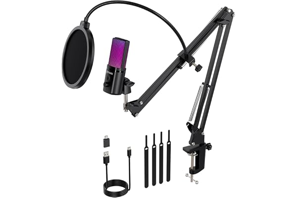 FDUCE M160 Kit de Microphone de Jeu USB pour PC,Microphone à condensateur RVB avec Prise Moniteur,sourdine Rapide,contrôle du Gain,Filtre Anti-Pop,Perche de Microphone pour Streaming,Podcast,Jeux