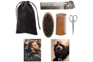 NganSuRong Men Shaving Set Beard Scissor Comb Mustache Brush Wooden Bristle Grooming Care Kit Styling Tool Hair Trimming Storage Bag Barber Travel