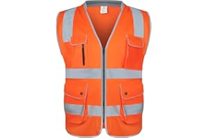 amoolo Gilet di Sicurezza con 9 Tasche, Cerniera e Collo Imbottito, Gilet Riflettente Alta Visibilità, ANSI/ISEA Tipo R Classe 2