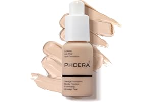 Junhe PHOERA 30ml Foundation Liquid, Full Coverage Foundation 24HR Matte Oil Control Concealer Face Liquid Foundation,Flawless Cream Smooth Brighten Long Lasting （#102 Nude）
