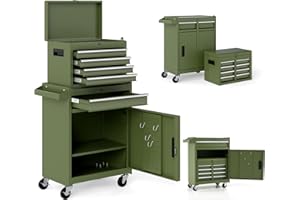 TANGZON Rolling Tool Chest, 2-in-1 Large Capacity Tool Cabinet with Wheels, 5 Drawers & Auto-Locking System, Heavy-Duty Metal Toolbox for Workshop, Warehouse, Garage (Green)