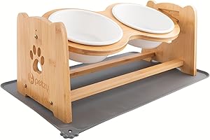 MUAWO Petzy Premium Hundenapf Keramik oder Katzennapf, 700 ml pro Napf | Höhenverstellbar, Perfekter Futternapf für Hund und Katze | Näpfe mit Futterstation aus Bambus + rutschfeste Napfunterlage