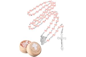 NANGILO Rosary Beads Catholic Kids,Baptism Gifts for Girls,Rosary Bead,My First Baptism Gifts, Baptisms Memorial Box, Pink Necklace, Box Holder for Women Baby Shower