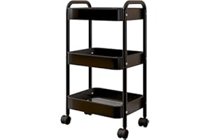FOESKA 3-stöckiger Aufbewahrungswagen, Rollwagen auf Rädern, Aufbewahrungs-Organizer, Metallrollen-Aufbewahrungswagen mit zusätzlichen Haken, für Küche, Wohnzimmer, Waschküche, Badezimmer, Büro (schwarz)