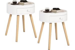 WOLTU Set di 2 Comodini per Camera da Letto Comodino Rotondo con Cassetto Tavolino da Salotto in Legno Bianco TS111ws-2