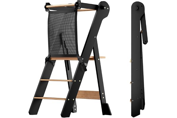 COSYLAND Tour D'observation Enfant Pliable Montessori 2 Hauteurs Réglables, Tour d'apprentissage Sécurisée avec Angles Anti-Bascule Chaise pour Enfants de 18 Mois À 6 Ans - Classic Black & Natural