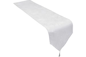 Celebright Christmas Tasselled Table Runner - 13 x 96 Inches (33 x 244 cm) - Ideal Xmas Dinner Table Decorative Settings - Metallic Blizzard Snowflake Embossed Design - White & Metallic Silver