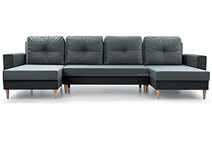 MB-MOEBEL Ampio divano angolare XXL a U panoramico convertibile in letto con contenitore, 6/7 posti, in tessuto, per soggiorno e salone, 300 x 137 x 84 cm, Carl U, grigio e grigio scuro