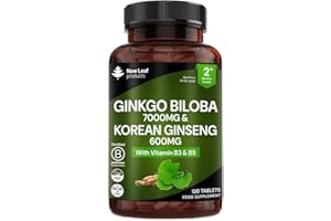 NEW LEAF PRODUCTS Ginkgo Biloba and Korean Ginseng Tablets - 7000mg Ginkgo Biloba Herbal Supplements & 600mg Panax Ginseng High Strength Extract - Enriched with Vitamin B3 & B5-120 Vegan Tablets