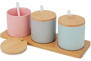 Chase Chic Tarro de condimentos, Juego de Tarros de Cerámica para Condimentos con Tapas, Cucharas y Bandeja de Madera, Cerámica Spice Jar Envase 250ml, Ideal para La Cocina del Hogar