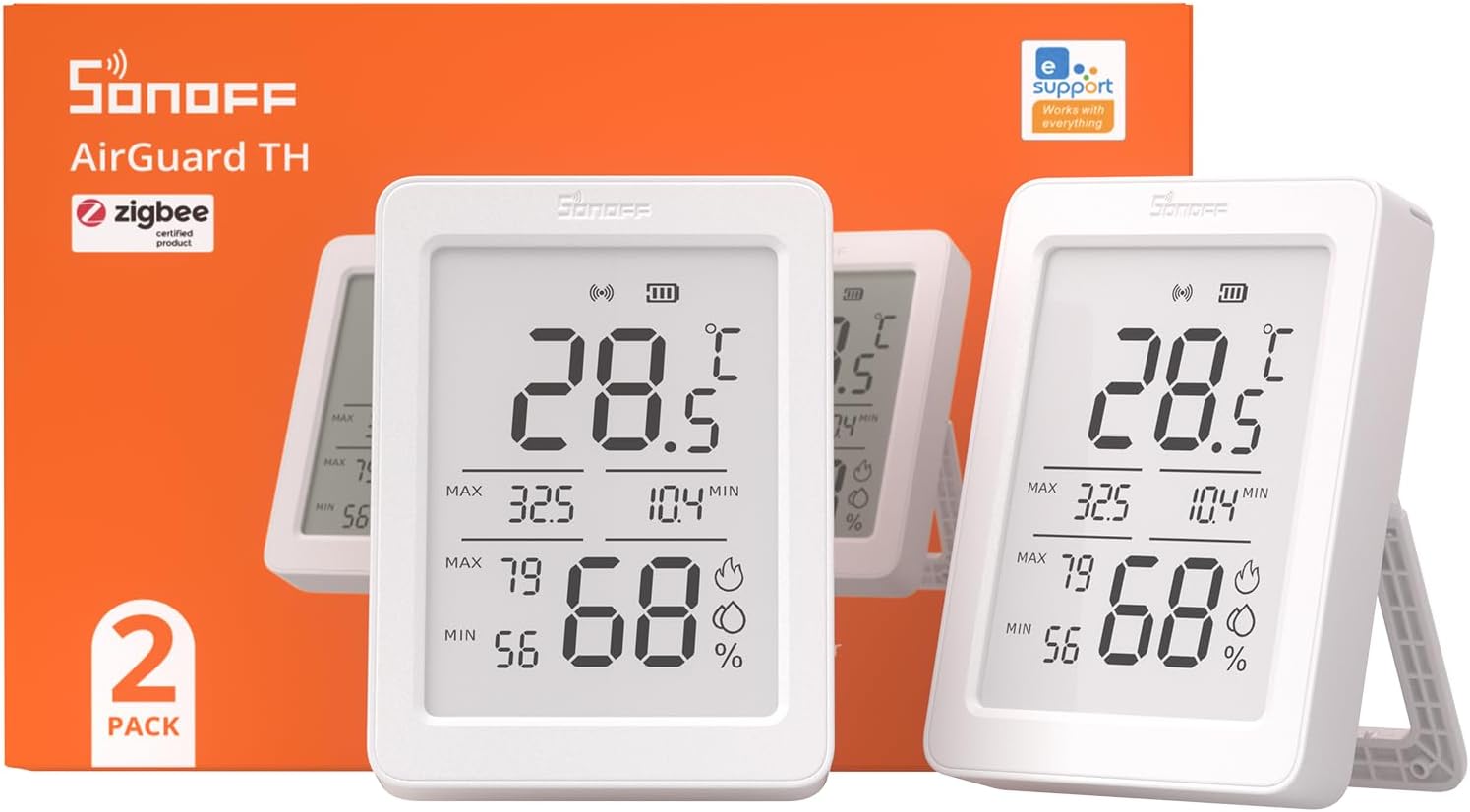 SONOFF SNZB-02DR2 AirGuard TH, Indoor Smart Zigbee Temperature and Humidity Sensor, 3.6'' LCD Display, App Monitoring with charts, Notification Alerts, Data Export, Remote Data Display, 2-Pack