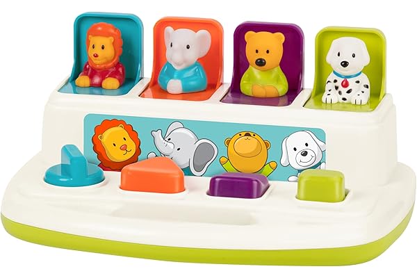 Battat - Pop-Up Pals - Jouet de Cause à Effet - 4 Animaux Pop-Up - Jouet de développement avec Boutons et Couleurs - pour Tout-Petits et Enfants et bébés - 18 Mois et +