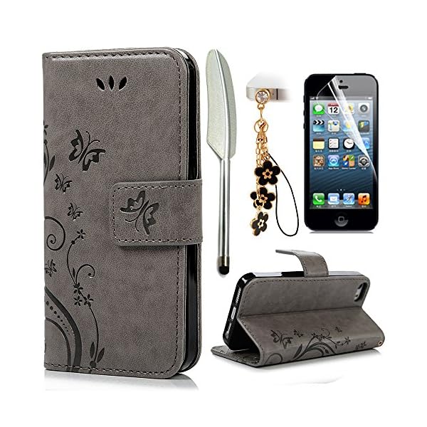 YOKIRIN iPhone 5 5S SE Wallet Case iPhone 5 5S SE Flip Hülle Schmetterling Blumen Muster Handyhülle Schutzhülle PU Leder Case Skin Brieftasche Ledertasche Tasche im Bookstyle in Blau