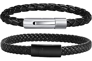 TempBeau Armband Herren Leder Schwarz : 2Pcs Lederarmband Set 19cm 21cm Perlen Echtes Leder Geflochten Mode-schmuck Armbänder für Männer Papa Tolle Geschenkidee