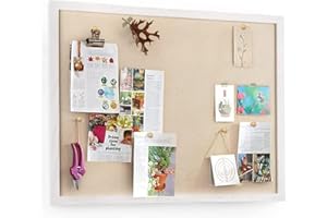 Emfogoo Tablero de Corcho 58 x 45M, Corcho con 20 puntadas, El Tablero de Mensajes Suspendido Tiene Marcos de Madera (Blanco)