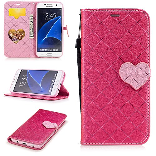 Preisvergleich Produktbild Lonchee Samsung Galaxy S7 edge Wallet Tasche Brieftasche Schutzhülle,Liebesschnalle Farbabstimmung Design Hochwertige PU Leder Folio Tasche Case Hülle im Bookstyle mit Standfunktion Kredit Kartenfächer Abnehmbare Handschlaufe(Rose Rot)