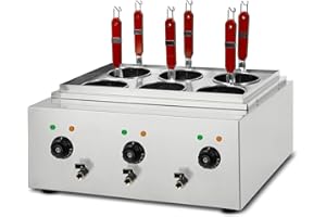 VERTES Cuocipasta Professionale in Acciaio Inox, Elettrico, 3x 1700W, 3 Vasche di Cottura Separate da 6 Litri ciascuna, 6 Cestelli per la Pasta, 3x Rubinetto di Scarico, 3x Impostazione Temperatura