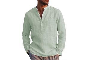 LVCBL Mens Casual Cotton Shirt Long Sleeve Band Collar Henley Shirt Tops