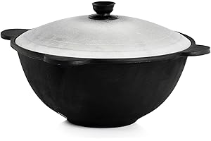 4BIG.fun Kazan aus Gusseisen 3,5 L mit Aluminium Deckel flacher Boden Usbek Schwenktopf NAMANGAN Kasan Uzbekisch Asia WOK Gusseisentopf Grillwok