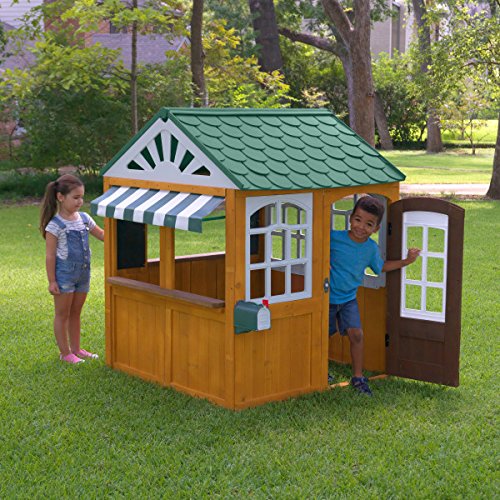 KidKraft 405 casita de Juegos para jardín y Exterior al Aire Libre de Madera para niños Garden viewmcon Pizarra, Maceta y toldo de Estilo cafetería, Color marrón (