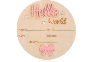 Nogeqi Panneau en bois rose personnalisé pour bébé - Bonjour du monde - Panneau de bienvenue pour nouveau-né - Rond - En bois - Affichage de naissance pour futurs parents enceintes