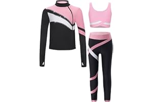 Oyolan Enfant Fille Ensemble Sport Survêtement Veste Débardeur Legging Gym Tenue Gymnastique Patinage Danse Entraînement 5-16 Ans