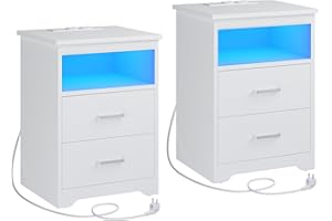 KIMENICH Mesita de Noche de 2 Piezas con Iluminación LED, Mesilla de Noche con Estación de Carga, Puertos USB, 2 Cajones, Mesa de Sofá, para Dormitorio, Salón (Blanco)