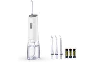Jet Dentaire Hydropulseur, Sawgmore Irrigateur Dentaire Sans Fil à Piles avec 4 Buses de Rechange, 360º Rotative Imperméable Water Flosser pour Voyage/Famille (Blanc)