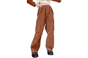 Rolanko Girls Baggy Cargo Trousers, Elastic High Waist Straight Wide Leg Streetwear Pants with Multi Pockets