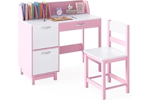 COSTWAY Kids Desk and Chair Set, Wooden Student Study Table with Drawer, Storage Cabinets & Tabletop Bookshelf, Children Writing Table Chair Set for 3-8 Years Old Boys & Girls (Pink+White)