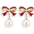 Wendalern Cute Pearl Bow Drop Earrings Black Bowknot Ribbon Stud Earrings White Pearl Bowtie Statement Earrings Christmas Party Jewelry for Women