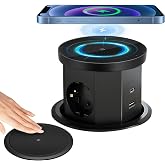 Neulriscn Retractable 3-Outlet Socket with 1 USB C 1 USB-A, Tower Power Strips Retractable Table Sockets Black with Wireless