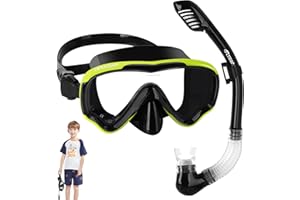 Snorkel Set Kids, Rtdep 180° Wide View Snorkel Mask, Dry Top Snorkel, Tempered Glass Safety Scuba Diving Mask, Snorkelling Gear for Junior and Youth
