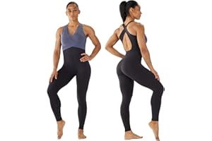 SUHK ASANA Barboteuse une pièce sans manches dos nu pour femme, combinaison de sport, gym, entraînement, bodycon, haltérophilie, yoga, exercice, Noir/gris bleu, XL