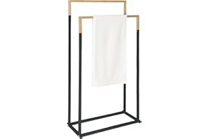 Relaxdays towel holder, HxWxD: 86 x 44 x 21 cm, metal, bamboo, 2 rods, freestanding design, black/natural