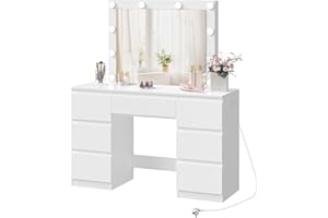 WOLTU Dressing Table with Lights and Socket Strip, Vanity Desk with Large LED Mirror and 7 Drawers, Makeup Desk 110x39.5x140cm, White Modern Bedroom Dresser, MB6124ws