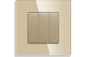 CNBINGO Interrupteur de bouton à bascule de avec points fluorescents, plaque murale Or en verre en cristal moderne, interrupteur d'éclairage Tripler, 3 compartiment, interrupteur à 1 pôle, 10A 250V