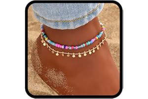 Zoestar Tobillera bohemia de doble capa con lentejuelas doradas, tobillera de perlas de playa para mujer
