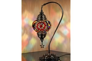 Lámpara turca auténtica DEMMEX, fabricada en Turquía, lámpara de mesa de noche con mosaico turco marroquí, 100% hecha a mano, cuerpo de metal de color latón antiguo y base de metal decorada.