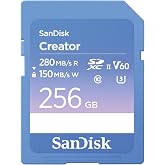 بطاقة ذاكرة SanDisk Creator SDXC UHS-II بسعة 256 جيجابايت، V60، 6K و4K UHD، سرعة قراءة تصل إلى 280 ميجابايت/ثانية، مقاومة للماء والغبار، إنقاذ