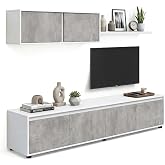 duehome | Reversible Living Room Set, TV Cabinet, Dining Modules, Arlet Model, White Finish Artik and Cement, Measures: 200 c