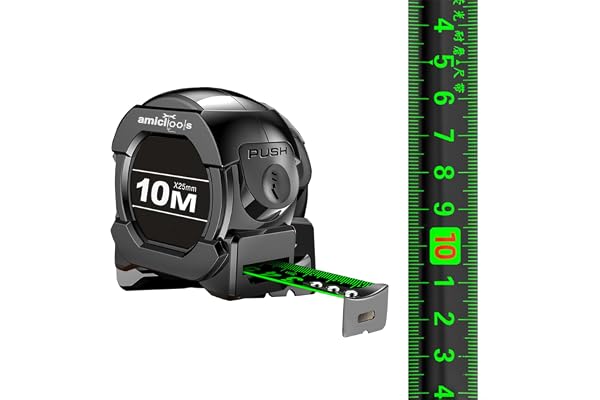 amiciTools 10m Measuring Tape with Auto-Locking and Retracting Feature, Heavy Duty Unbreakable ABS Case with Belt Clip- One-Man Operation, Measure in cm Only