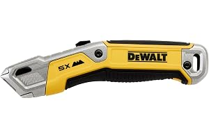 DeWALT Infällbart verktygskniv gjutet metallfodral ergonomiskt utformat handtag innehåller ett vattentätt fack för ytterligare fem blad. Det finns också ett snoddhål, levereras med 1 blad